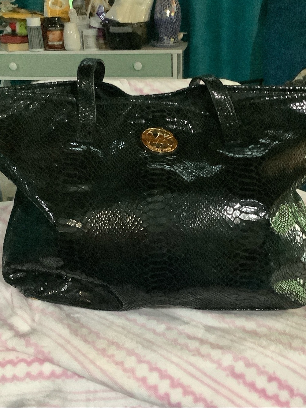 Michael Kors Black Patent Snake-Embossed Tote with Gold Logo